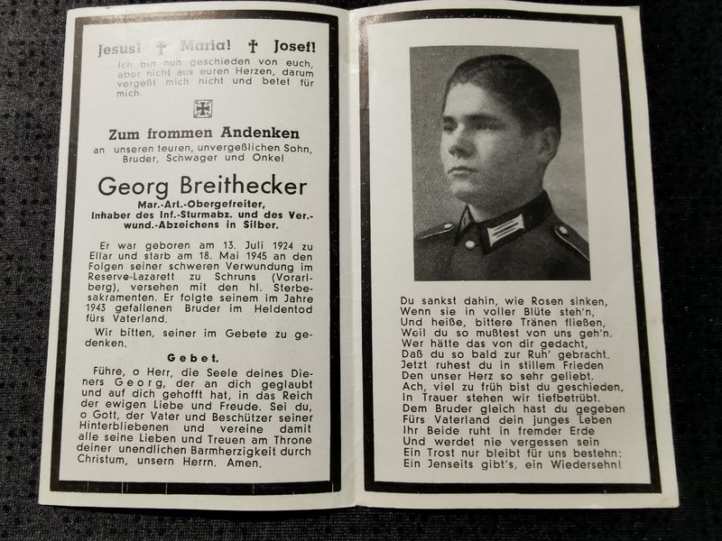 Sterbebild Obergefreiter Marine Artillerie VWA Silber Schruns Vorarlberg Österreich