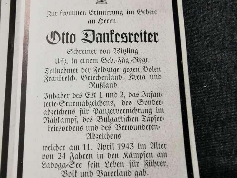 Sterbebild Unteroffizier 8. Komp. Geb Jäger Regt. 85 Sonderabzeichen für Panzervernichtung im Nahkampf Bulgarischer Tapferkeitsorden Ladogasee Russland