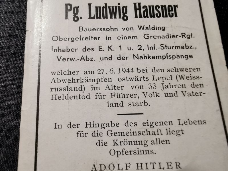 Sterbebild Obergefreiter Grenadier Regt. EK I & II NKS ostwärts Lepel Weissrussland