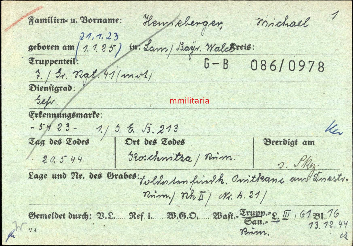 Sterbebild Gefreiter Lam 7. Grenadier Regt. 41 (Mot) Koschnitza Rumänien