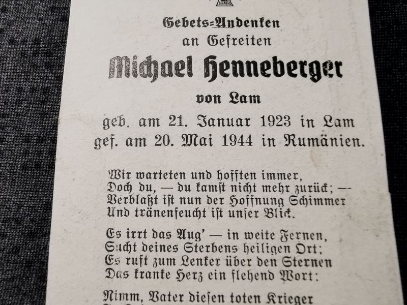 Sterbebild Gefreiter Lam 7. Grenadier Regt. 41 (Mot) Koschnitza Rumänien