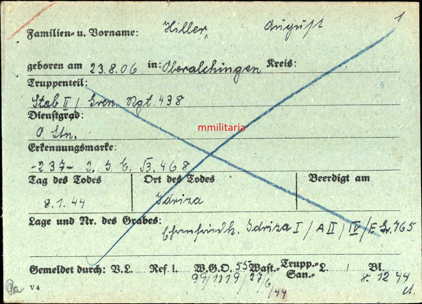 Sterbebild Oberleutnant & Batl. Adjutant Stab II Gren. Regt. 438 Krimschild Idriza Newel Russland