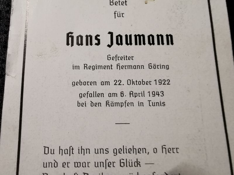 Sterbebild Gefreiter Regt. "Hermann Göring" HG Kämpfe in Tunis Bordj-Cedria Tunesien Afrika