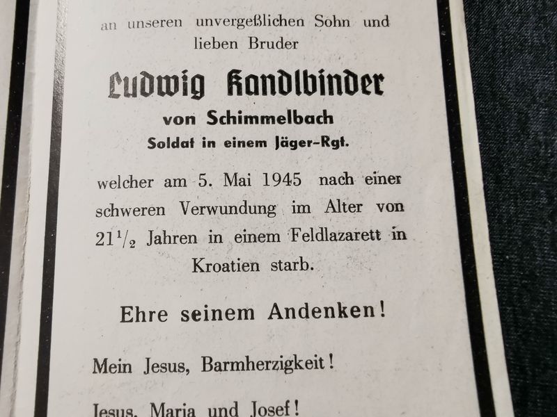 Sterbebild Soldat Schimmelbach Jäger Regiment Letzte Kriegstage Endkampf Kroatien