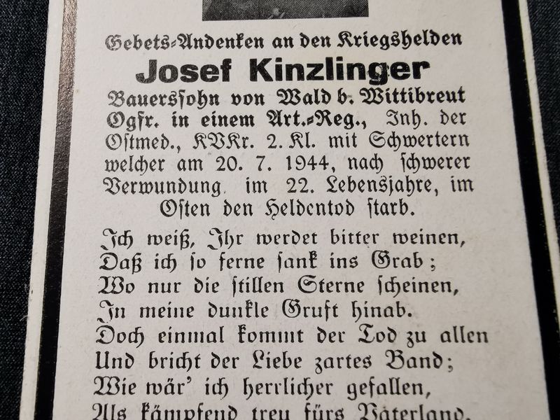 Sterbebild Obergefreiter Artillerie Regt. KvK mit Schwertern Osten