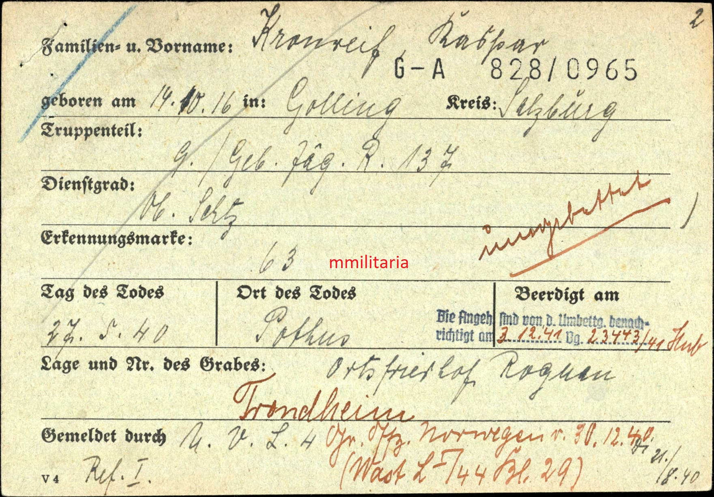 Sterbebild Oberjäger 9. Geb. Jäg. Regt. 137 Storalmenningen Trondheim-Havstein Norwegen