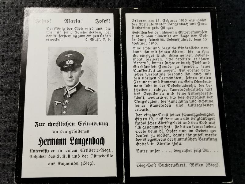 Sterbebild Unteroffizier Katzwinkel 12. Battr. Art. Regt 290 EK II südlich Ilmensee Russland