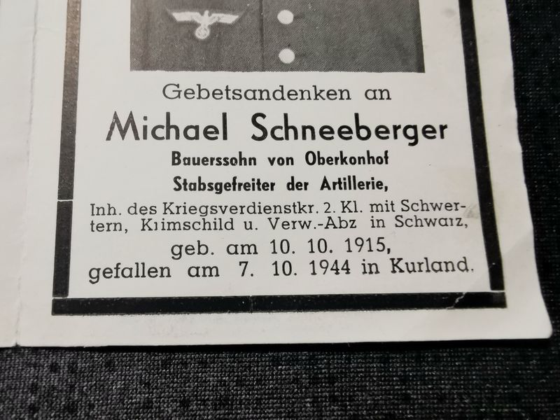 Sterbebild 2 x Obergefreiter Oberkonhof Werferbatterie Eismeerfront Lizabucht Stabsgefreiter Artillerie Krimschild Kurland Linglauci Litauen