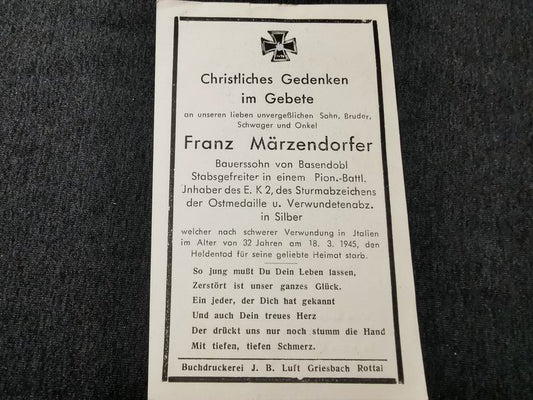 Sterbebild Stabsgefreiter Basendobl Pionier Btl. Endkampf EK II Sturmabzeichen Futa-Pass Italien - www.mmilitaria.com