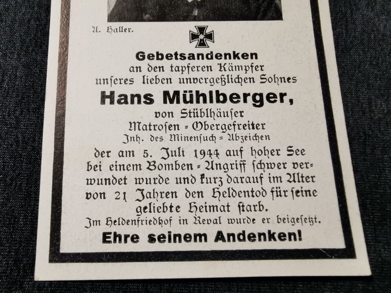 Sterbebild Matrosen Obergefreiter Minensuch Abz. Finnischer Meerbusen Estland