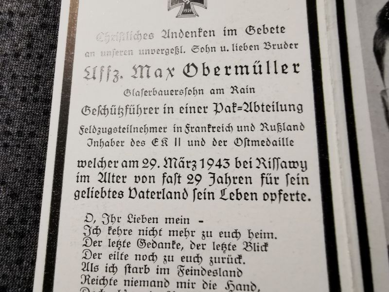 Sterbebild Unteroffizier Einhaus Geschützführer in PAK-Abteilung Rissawy Russland