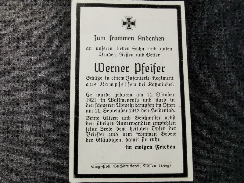 Sterbebild Schütze Wallmenroth 11. Komp. Inf. Regt. 105 schwere Abwehrkämpfe Snamenskoje Rshew Russland