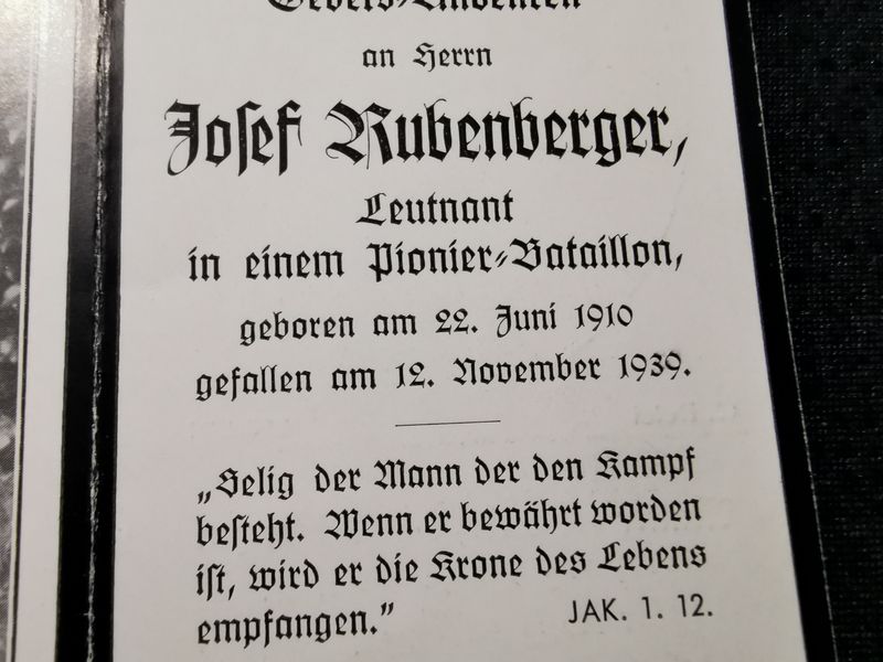 Sterbebild Leutnant 1. Komp. Pion. Batl. 268 Unfall durch Mine 1939