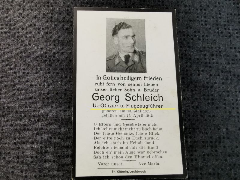 Sterbebild Unteroffizier Schongau 8. Zerstörergeschwader 26 "Horst Wessel" 8/ZG-26 Bf 110 Feindflug Mittelmeer Sizilien Italien