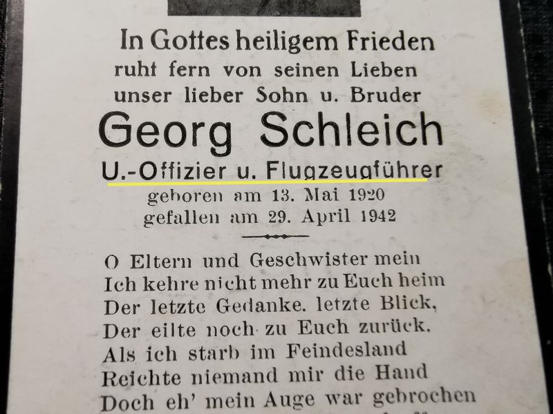 Sterbebild Unteroffizier Schongau 8. Zerstörergeschwader 26 "Horst Wessel" 8/ZG-26 Bf 110 Feindflug Mittelmeer Sizilien Italien