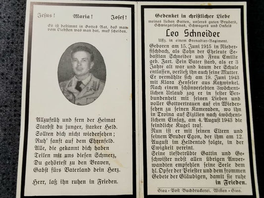 Sterbebild Unteroffizier Niederfischbach Grenadier Regt. Mte. Pellegrino Troina Motta St. Anastasia Italien - www.mmilitaria.com