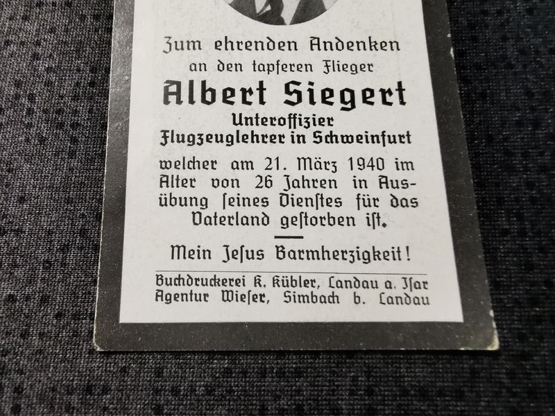 Sterbebild Unteroffizier Flugzeugführer Fluglehrer 2. Staffel Kampfgeschwader 9 Coburg Deutschland