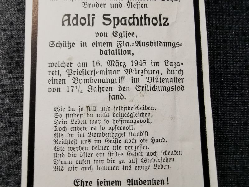 Sterbebild Schütze Flak-Ausbildung Btl. Volkssturm Endkampf 17 Jahre Bombenangriff Würzburg Deutschland