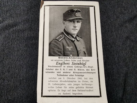 Sterbebild Wachtmeister Gebirgs Artillerie Regt. EK I&II Kretaband schwere Abwehrkämpfe Borowinowka Russland