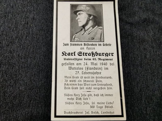 Sterbebild Unteroffizier 10. Komp. Inf. Regt. 62 Wattrelos Flandern Frankreich