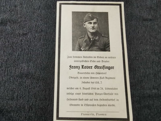 Sterbebild Obergefreiter Schweres Flak Regt. 4 (Mot) EK II Panzerüberfall Ebenrobe Ostpreußen - www.mmilitaria.com