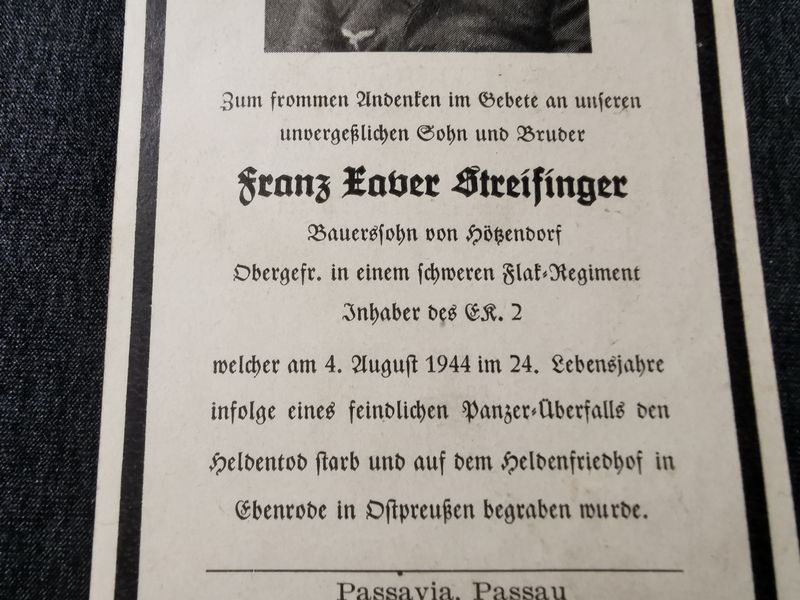 Sterbebild Obergefreiter Schweres Flak Regt. 4 (Mot) EK II Panzerüberfall Ebenrobe Ostpreußen