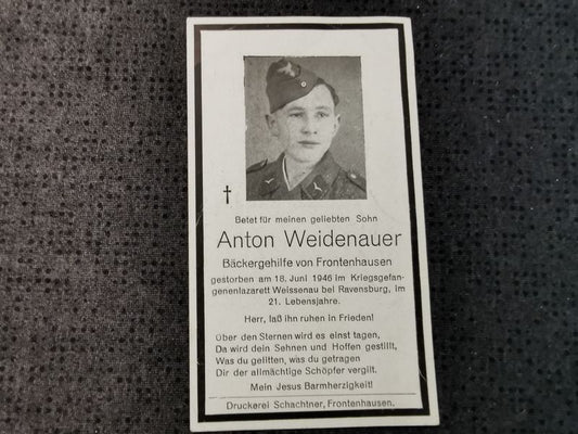 Sterbebild Schütze Frontenhausen Kriegsgefangenenlazarett Weissenau Ravensburg Deutschland - www.mmilitaria.com