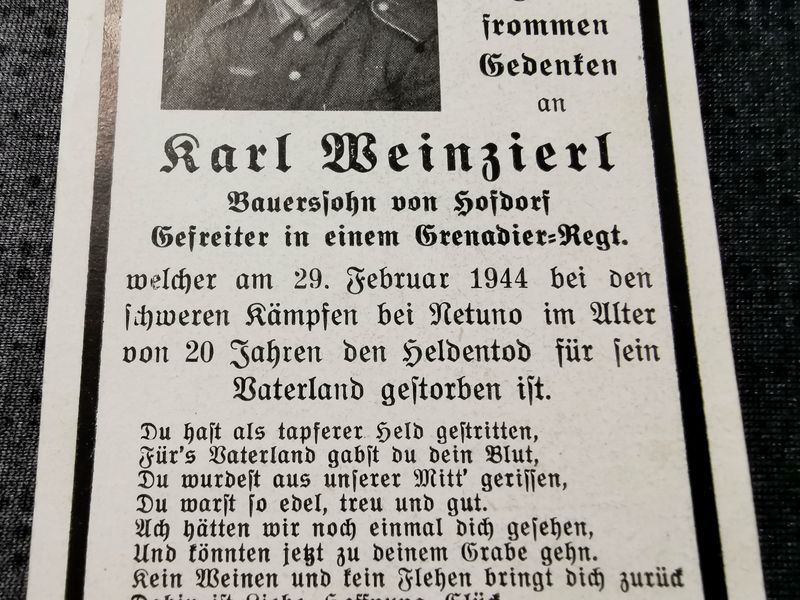 Sterbebild Gefreiter 2. Komp. Gren. Regt. 955 Velletri Nettuno Italien