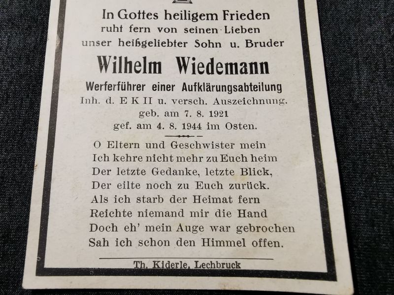 Sterbebild Werferführer Aufklärungsabteilung EK II verschiedene Auszeichnungen Osten