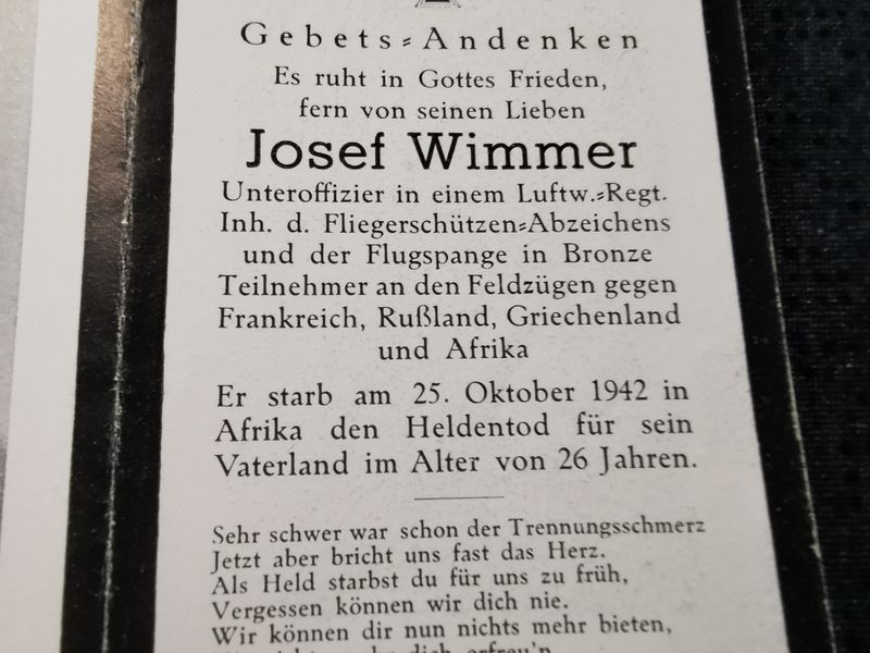 Sterbebild Unteroffizier Fliegerkompanie LN Regt. 2 Fliegerschützen Abz. Flugspange in Bronze Afrika