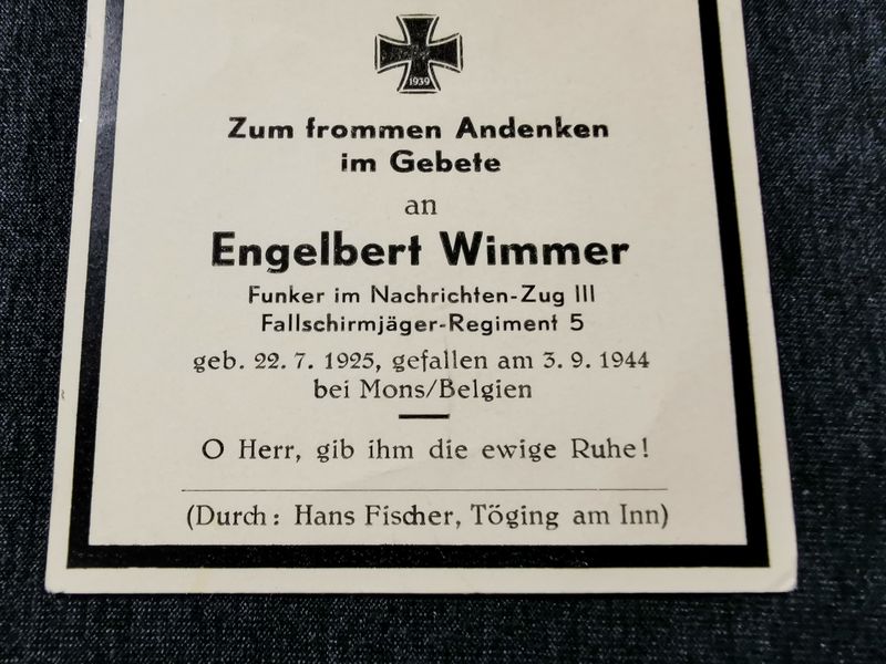 Sterbebild Funker Fallschirmjäger Regt. 5 Nachrichtenzug III Mons Lommel Belgien