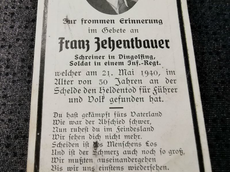 Sterbebild Schütze 10. Komp. Inf. Regt. 62 Scheldemündung Tournai Lommel Belgien