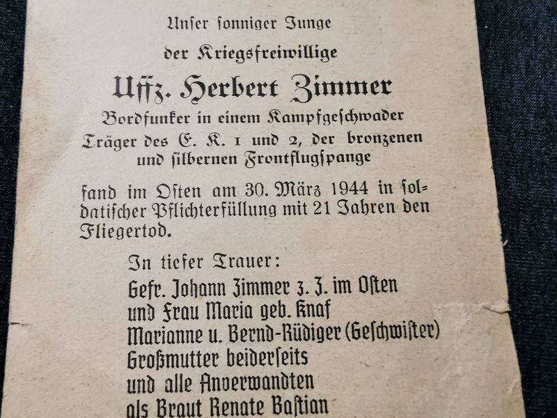 Sterbebild Unteroffizier Saarhölzbach Bordfunker 6. Staffel Kampfgeschwader 27 "Boelke" EK I&II FFS Tarnopol Russland