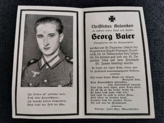 Sterbebild Obergefreiter Uttendorf Kriegsmarine Fay des Bretagne Normandie Marigny Frankreich - www.mmilitaria.com