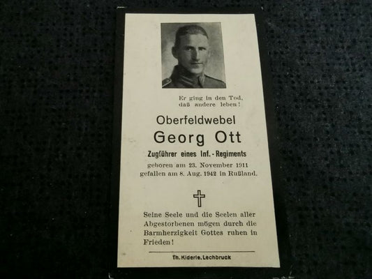 Sterbebild Oberfeldwebel Lechbruck Zugführer 12. Komp. Inf. Regt. 131 Nish-Ossinowsky Russland - www.mmilitaria.com